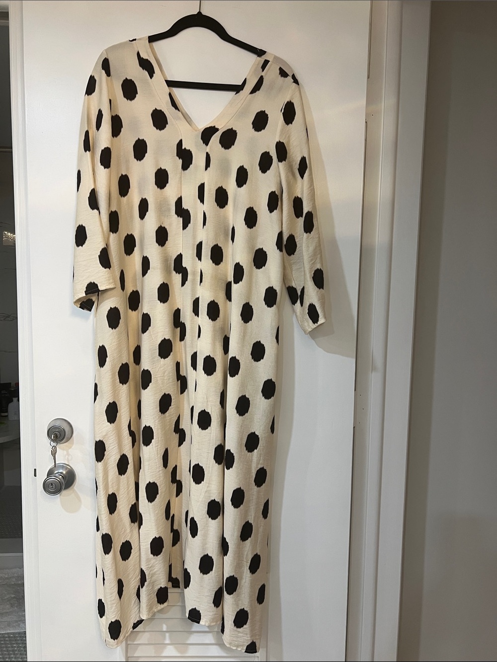 Cream and Black Polka Dot V-Neck Midi Dress